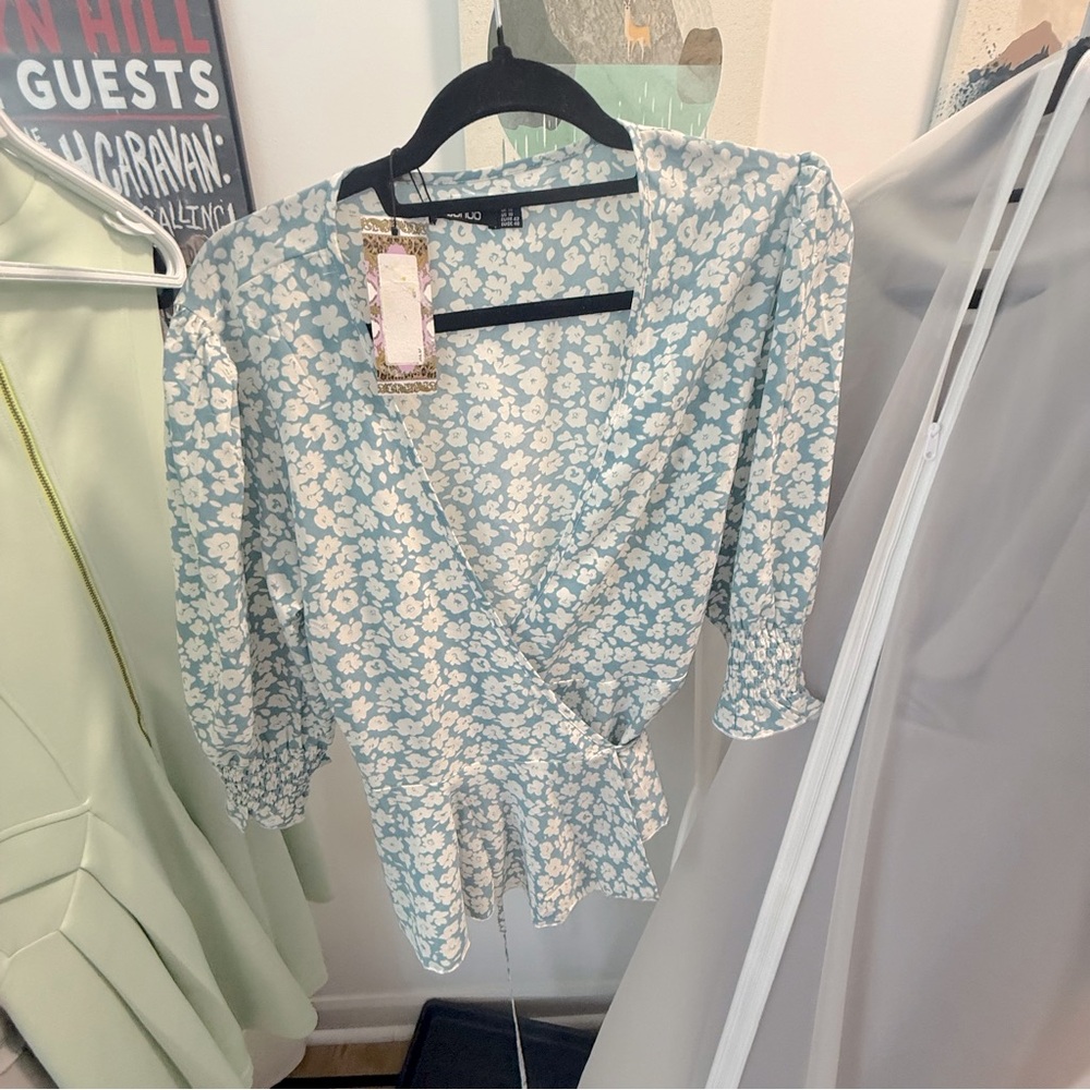 Boohoo Floral Wrap Blouse in Light Blue and White